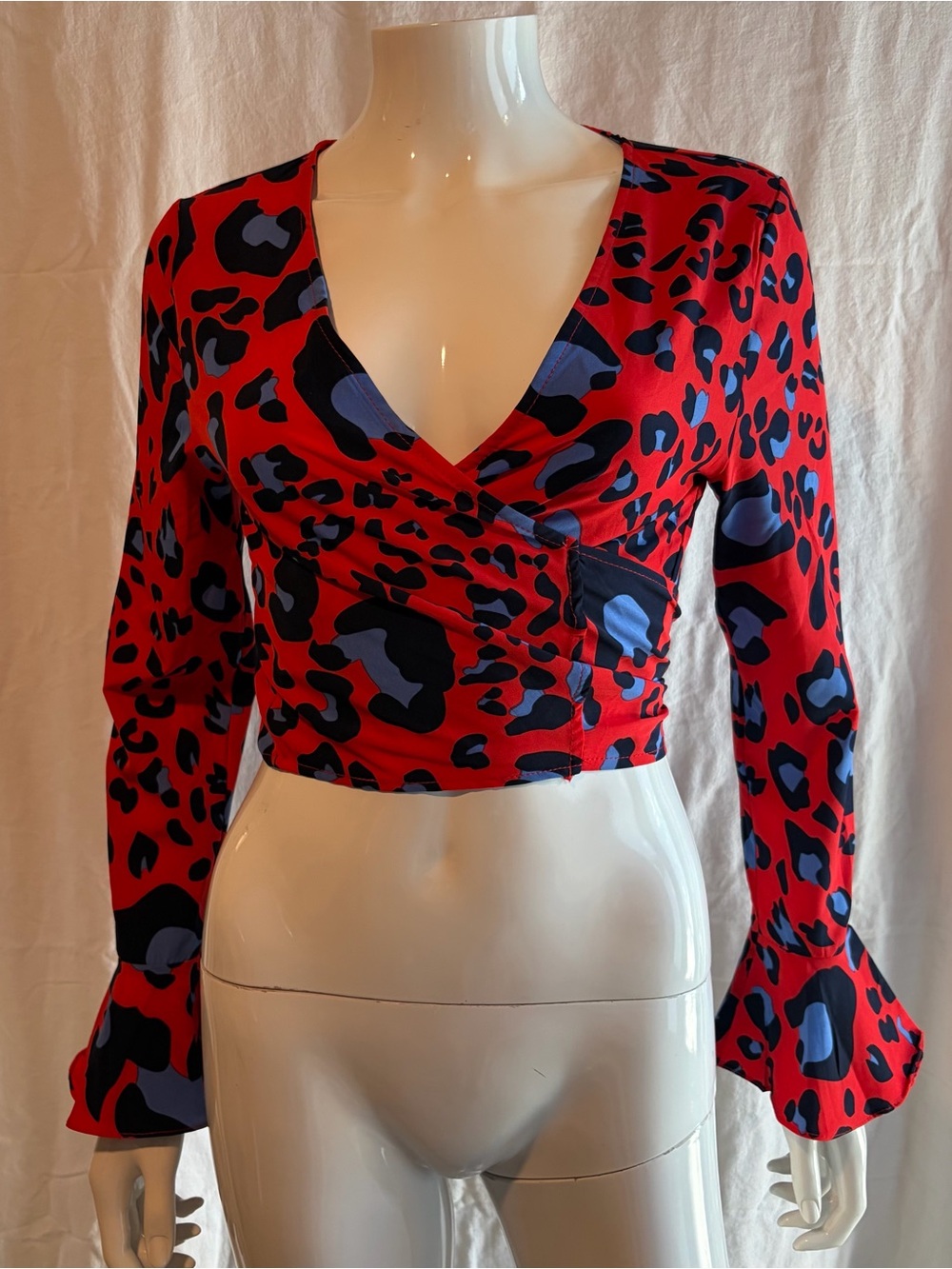 Nasty Gal Red and Blue Leopard-Print Long Sleeve Wrap Crop Top